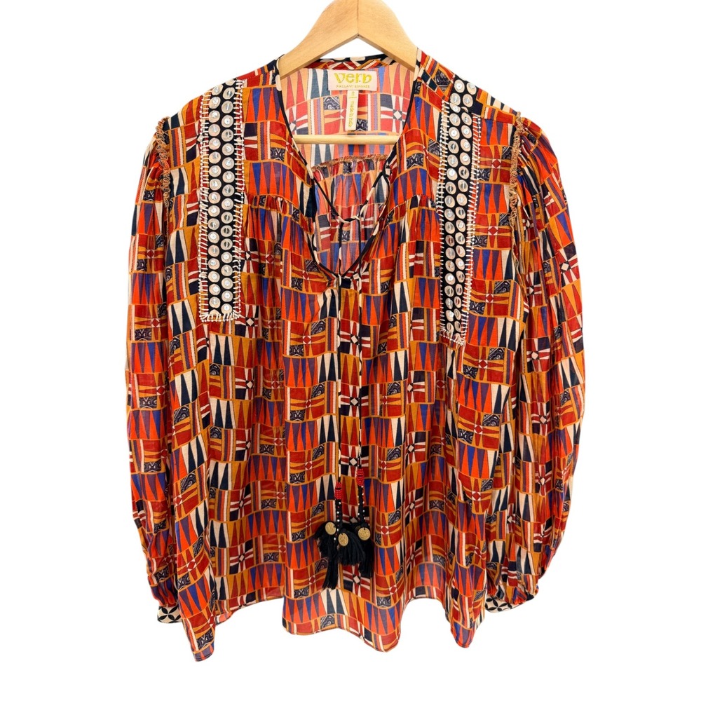Verb by Pallavi Singhee Orange‎ Geometric Mirror Work Tassel Boho Blouse Small